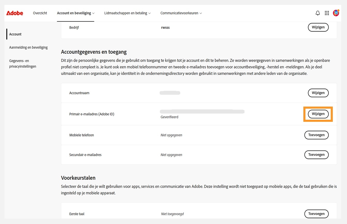 Het tabblad Account en beveiliging, waar de knop Wijzigen voor Primaire e-mail (Adobe ID) is gemarkeerd onder Accountinformatie en toegang.