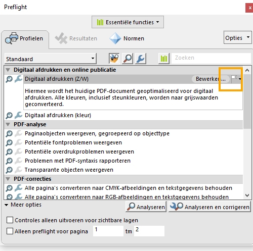 Het dialoogvenster Preflight wordt weergegeven en de markeringsoptie is gemarkeerd