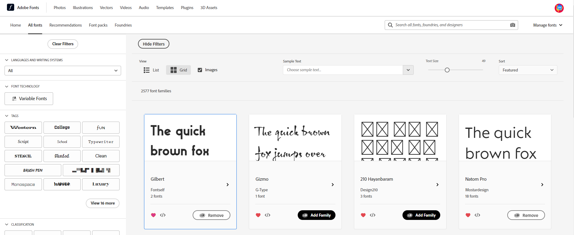 Alle favoriete lettertypen worden weergegeven.