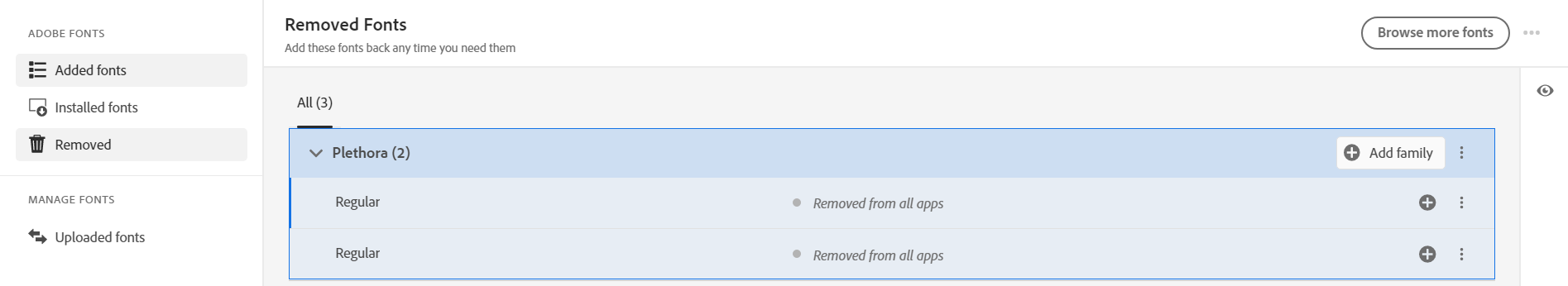 Alle verwijderde lettertypen worden weergegeven op het tabblad Verwijderd.