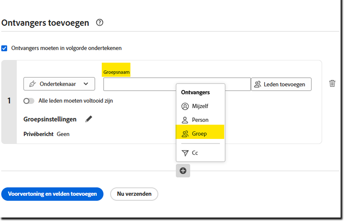 De pagina Verzenden met markering voor de koppeling Ontvangersgroepen toevoegen en weergave van de invoervelden van de ad-hocontvangersgroep