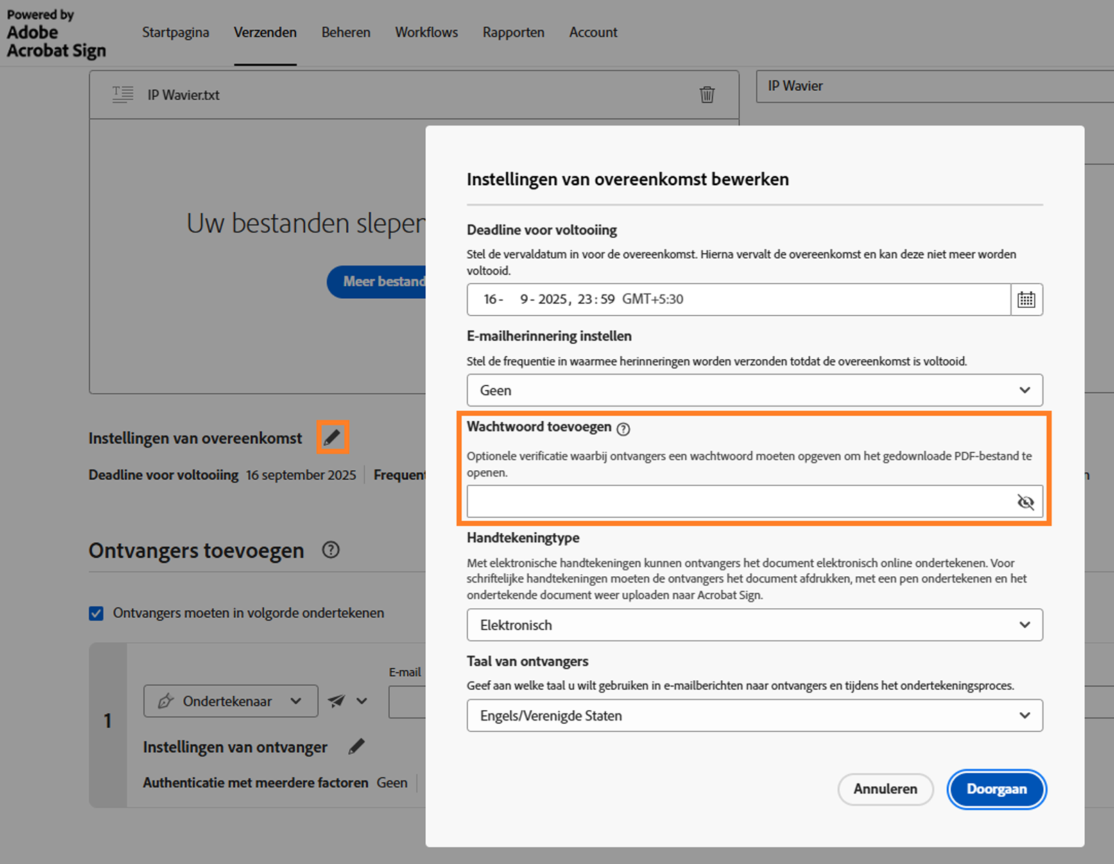 Het gedeelte Overeenkomstinstellingen van de overeenkomst met de optie Wachtwoord toevoegen gemarkeerd.
