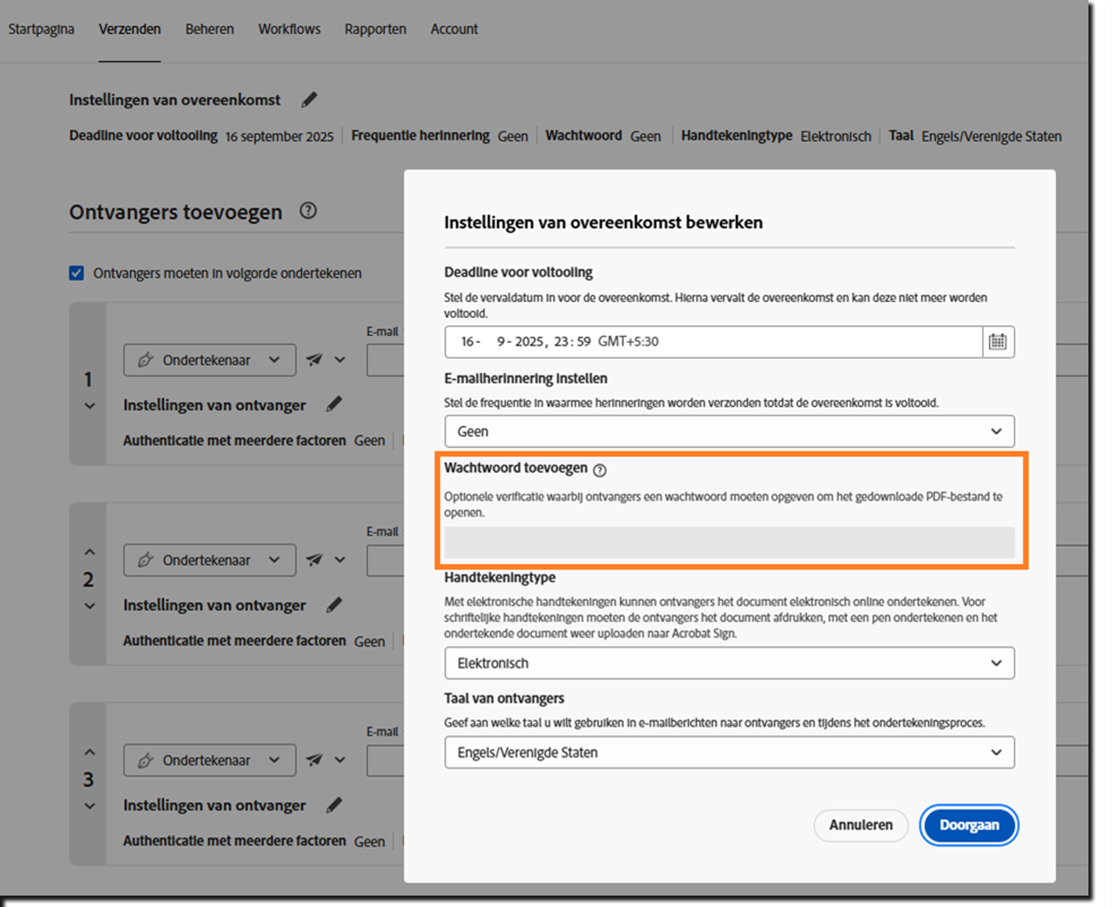Het gedeelte Overeenkomstinstellingen van de overeenkomst met het vergrendelde veld 'Wachtwoord toevoegen' gemarkeerd.