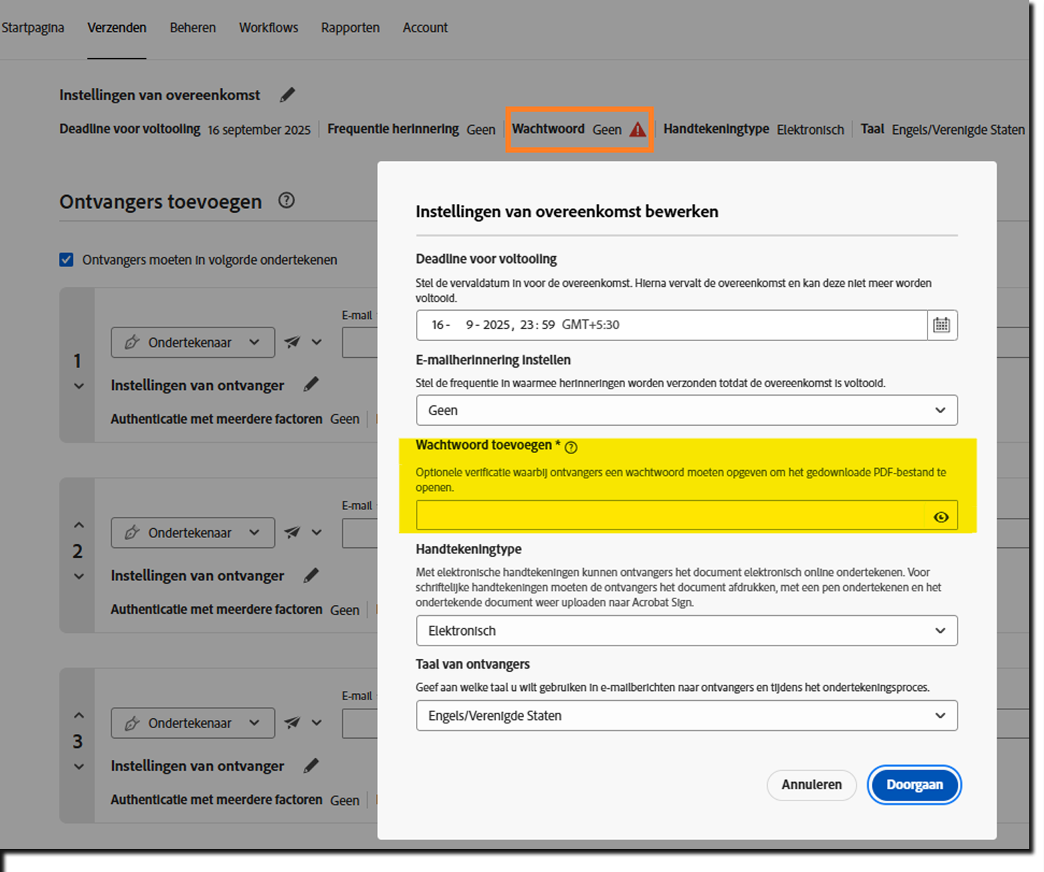 Het gedeelte Overeenkomstinstellingen van de overeenkomst met gemarkeerde configuratiemelding voor de optie Wachtwoord toevoegen.