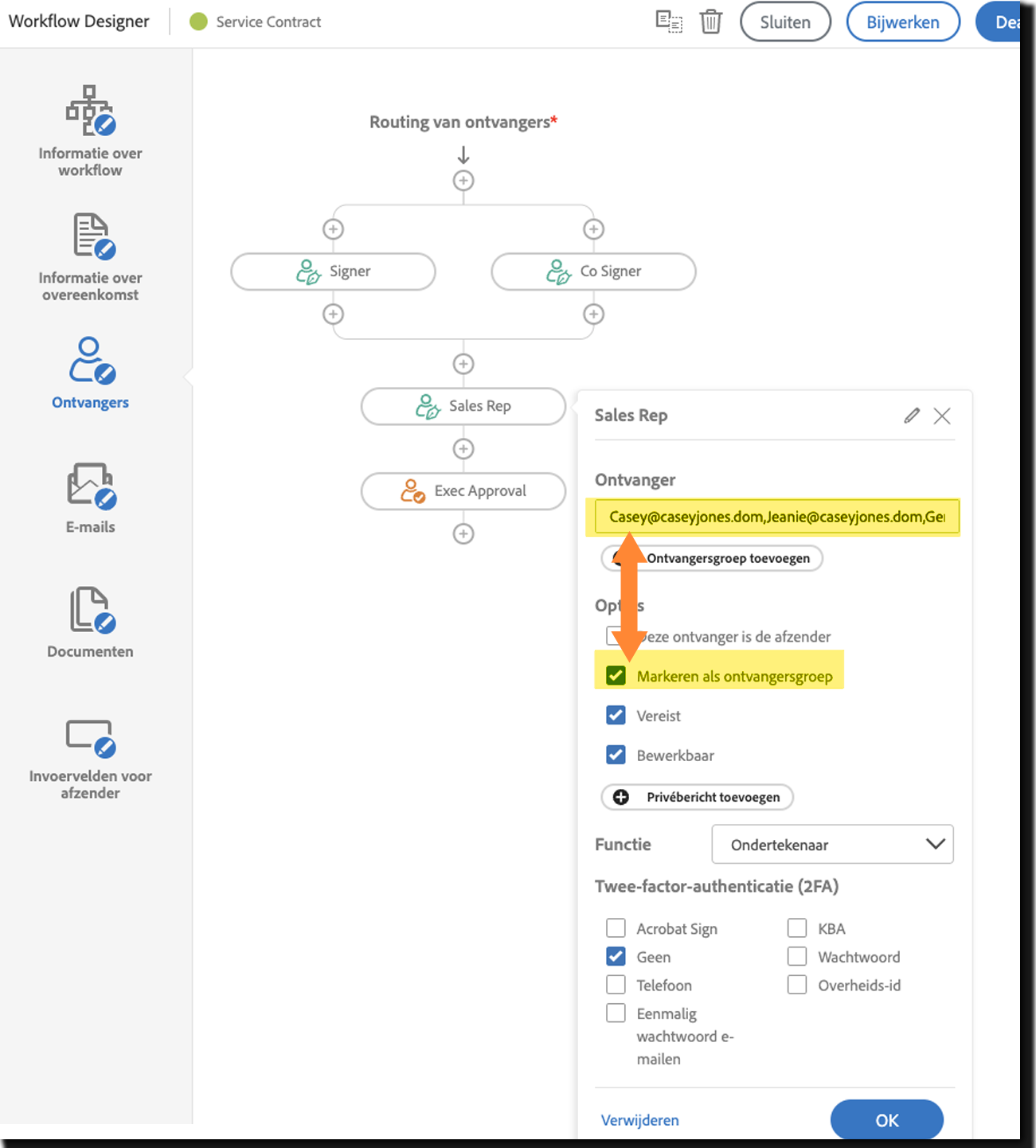 De workflowdesigner met Markeren als ontvangersgroep geselecteerd en de resulterende pagina Verzenden met de lijst met leden van de ontvangersgroep