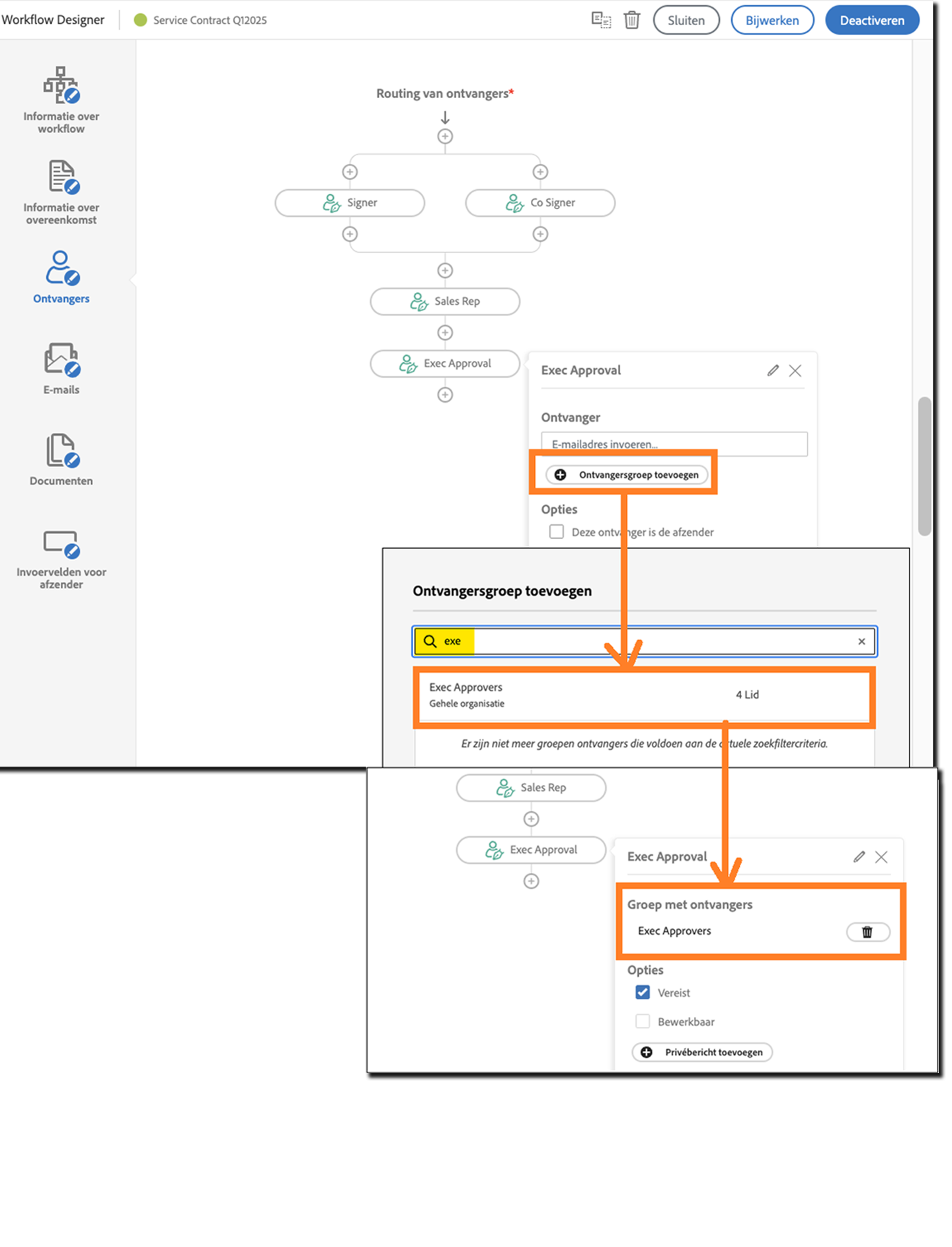 Het configuratiescherm voor ontvangers met de knop Ontvangersgroep toevoegen gemarkeerd. Inclusief het selectievenster voor ontvangersgroepen en de resulterende pagina Verzenden