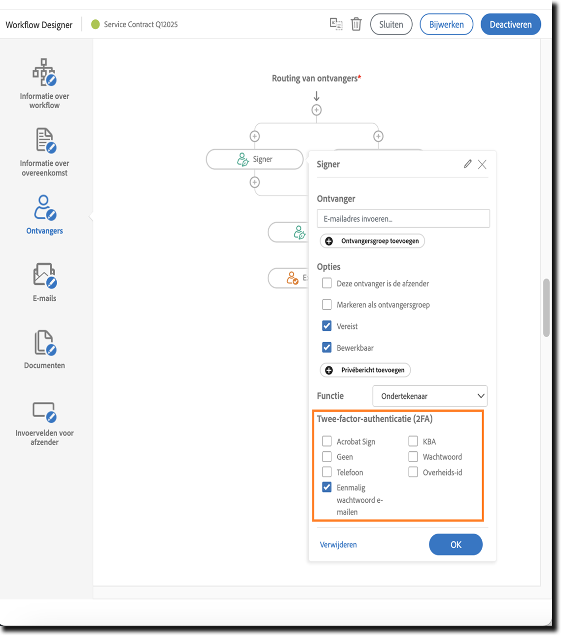 Het tabblad Ontvanger met de eigenschappen voor ondertekenaar en de verificatieopties gemarkeerd