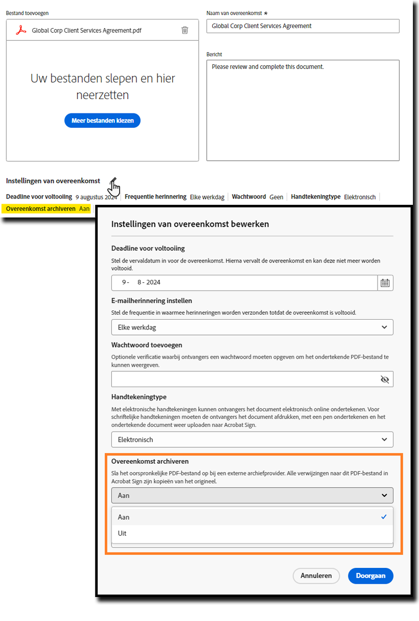 De pagina Handtekening aanvragen met de instelling Deze overeenkomst archiveren gemarkeerd als ingeschakeld.