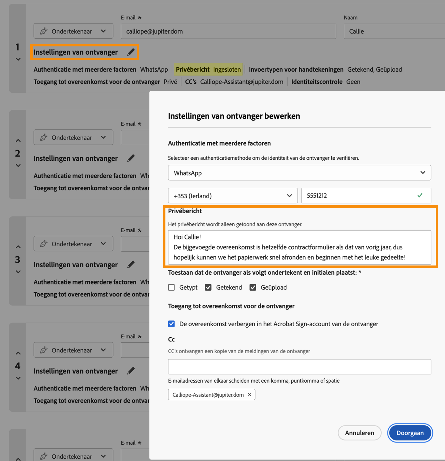 De optie Instellingen van ontvanger is geopend met de optie Privébericht uitgevouwen
