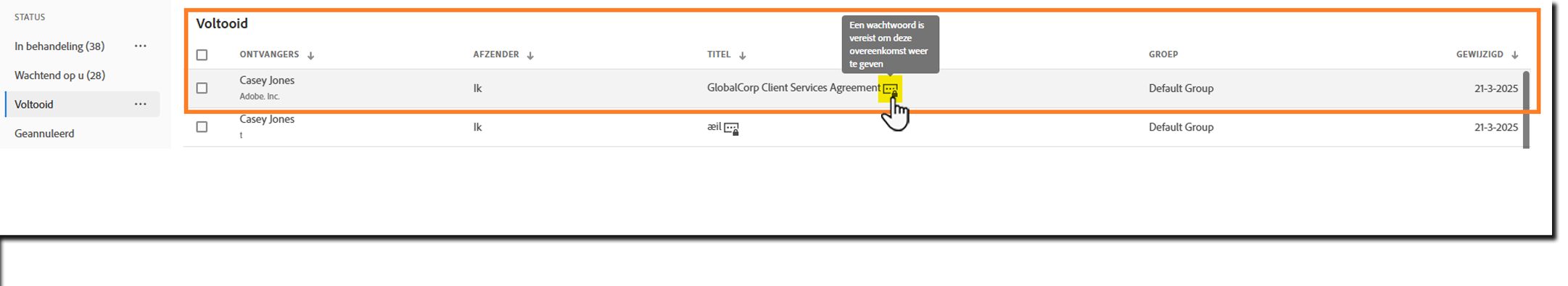 Een weergave van de pagina Beheren met het pictogram 'Beveiligd tegen weergave' gemarkeerd op een overeenkomstrecord.