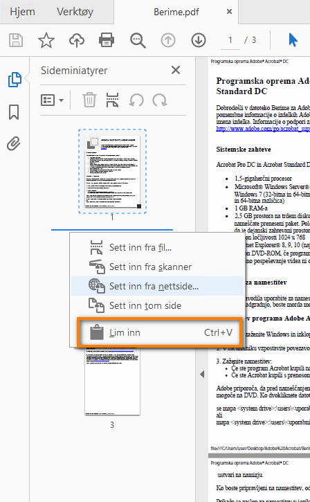 Høyreklikk og lim inn siden