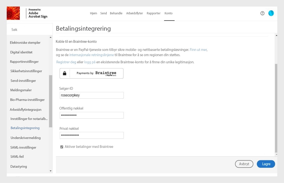 Betalingsintegreringsiden for Acrobat Sign viser alternativer for å skrive inn og lagre de nye opplysningene om selgere for å oppdatere muligheten for elektronisk betaling.