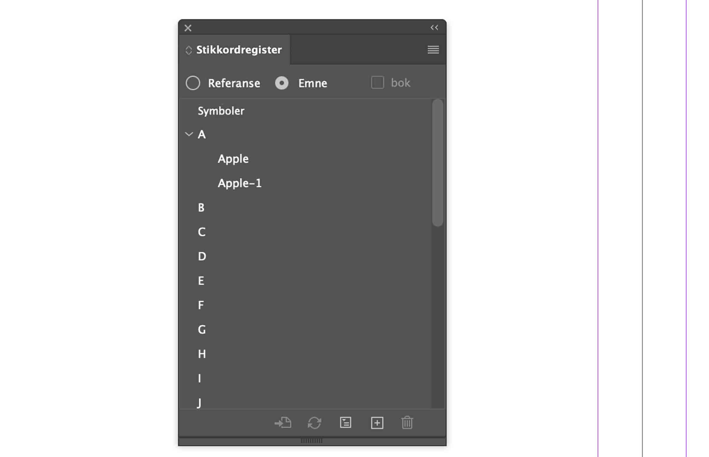 En dialogboks der Stikkordregister-panelet viser emnemodus