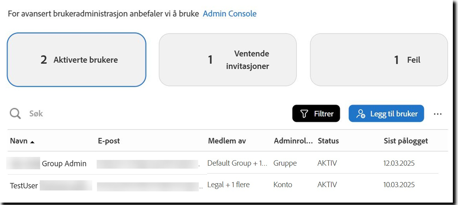 Brukere-siden som viser visningen Aktive brukere