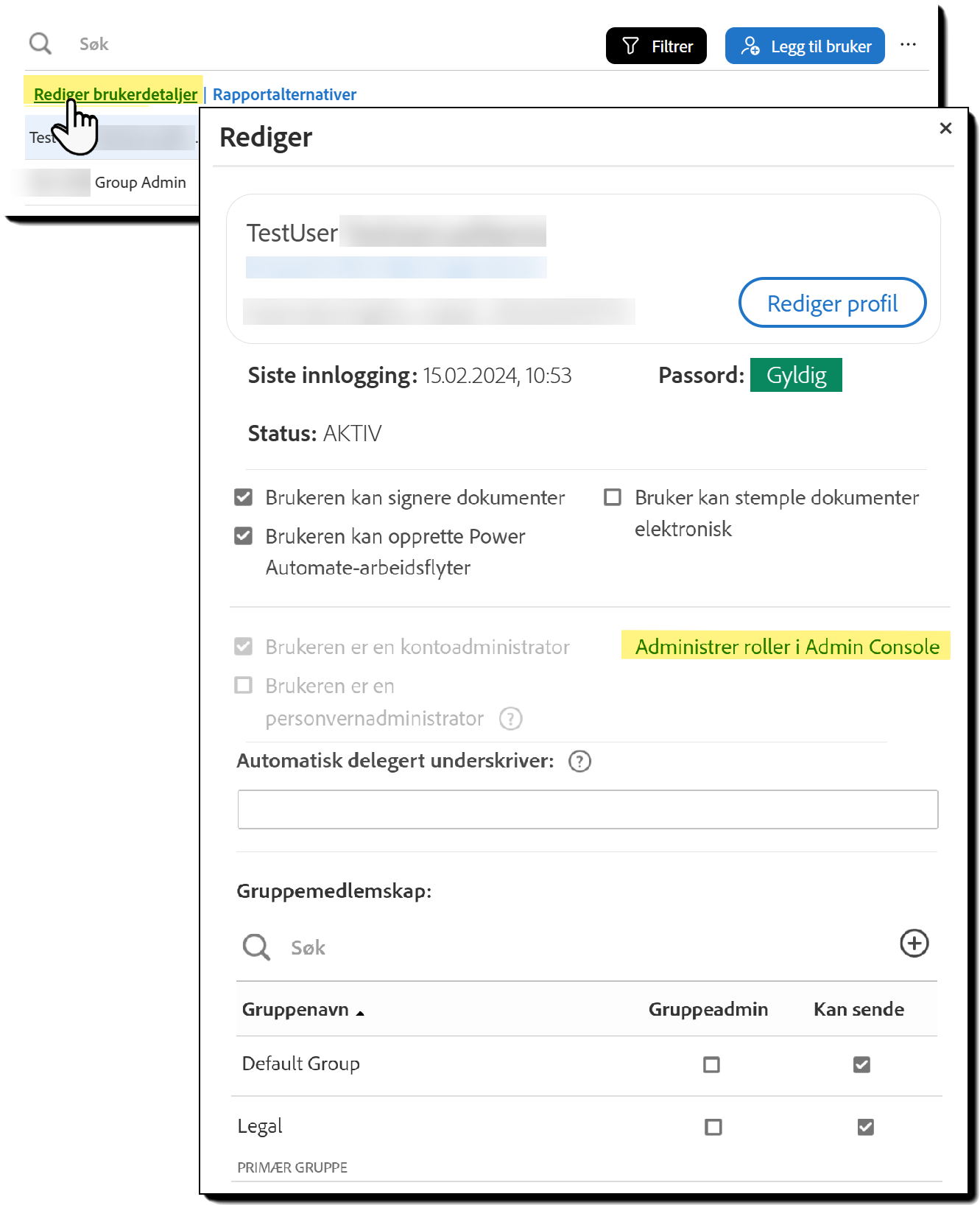 Brukere-siden med Rediger brukerdetaljer-koblingen uthevet