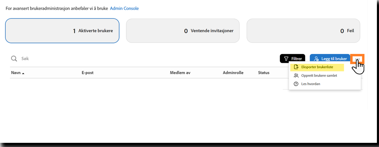 Brukere-siden med alternativet «Eksporter brukerliste» uthevet