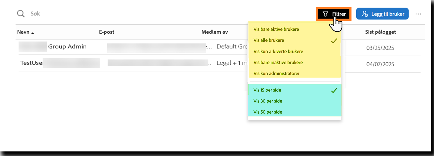 Brukere-siden med søkefeltet uthevet