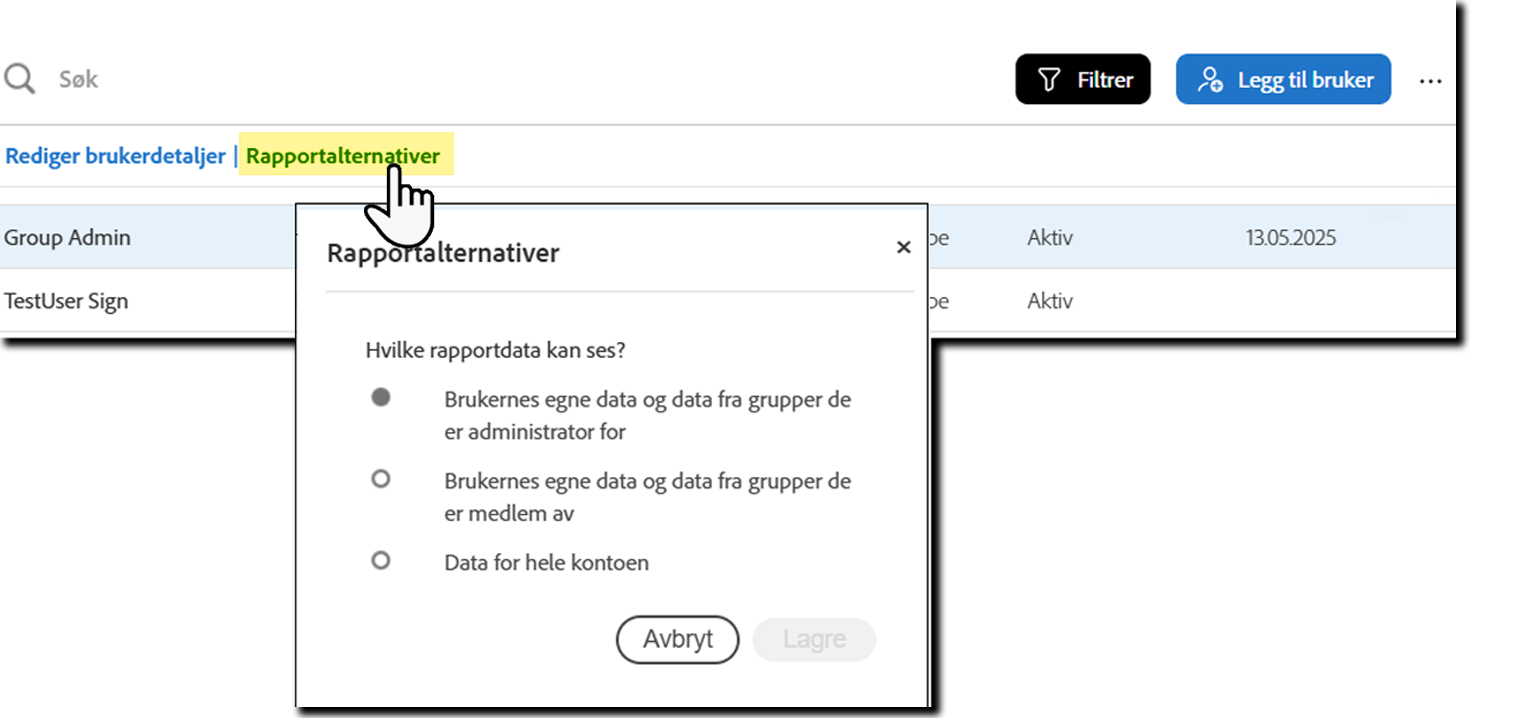 De utvidede brukerhandlingene med Rapportalternativer uthevet.
