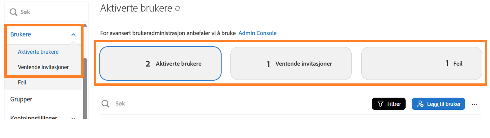 Brukere-siden uthever de tre knappene for å skifte visning