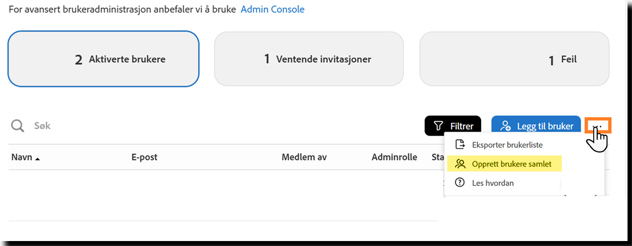 Brukere-siden med alternativet «Oppdater brukere samlet» uthevet