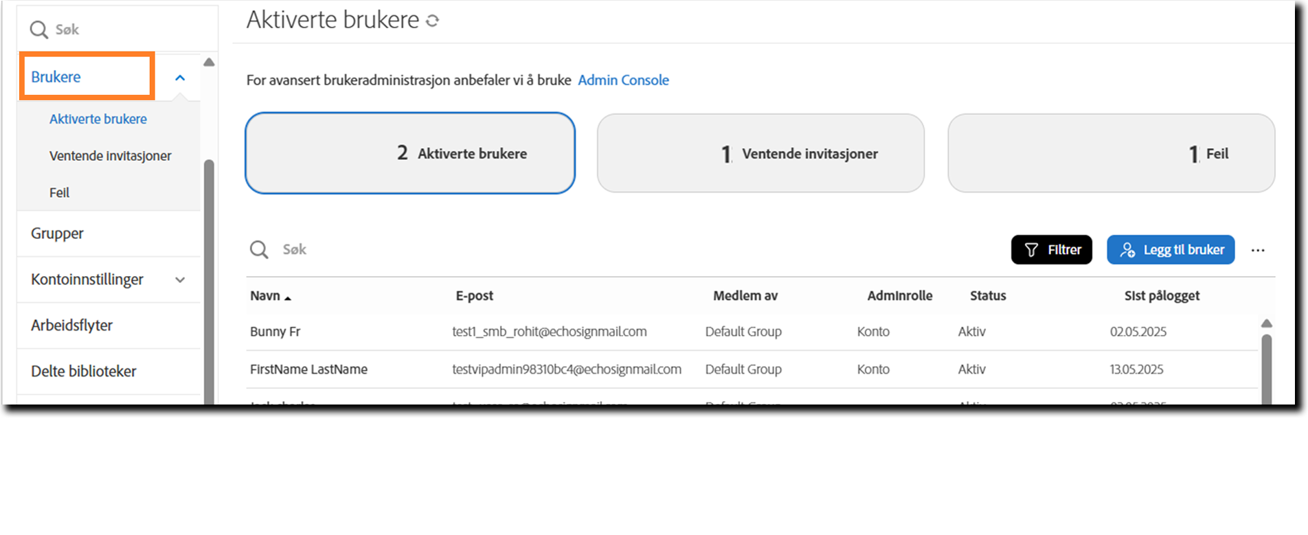 Brukere-siden som viser visningen Aktive brukere