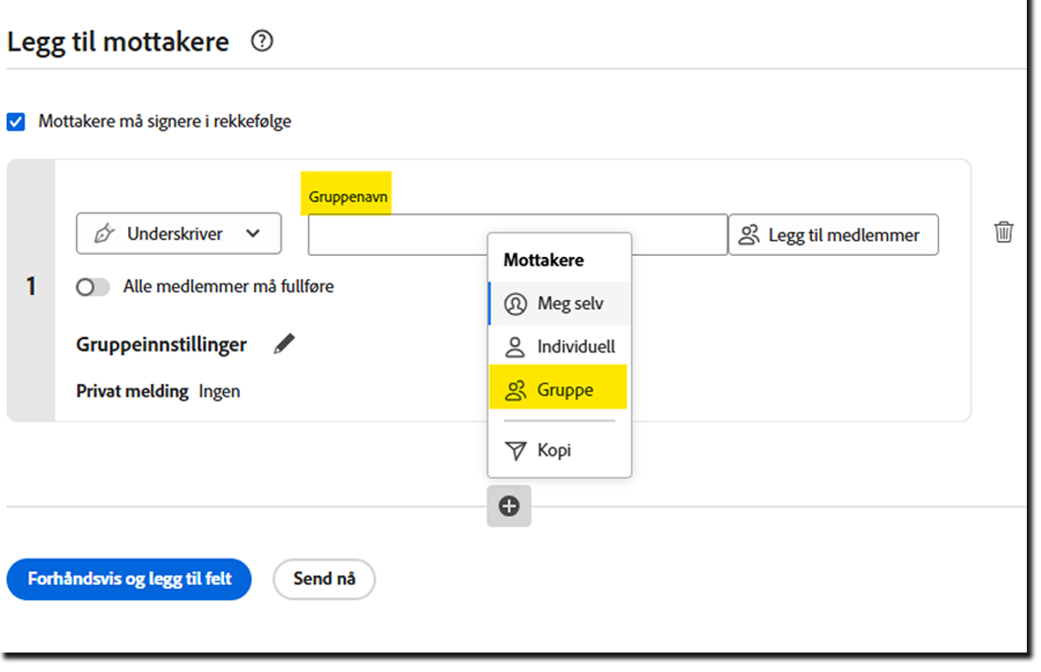 Send-siden uthever Legg til mottakergrupper-koblingen og viser inndatafeltene for ad hoc-mottakergrupper