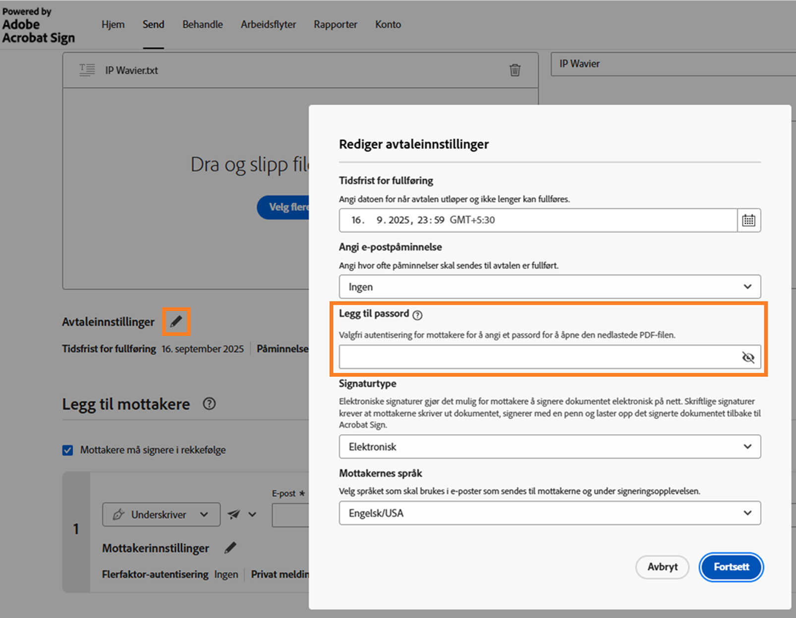 Avtaleinnstillinger-delen av avtalen med alternativet Legg til passord uthevet.