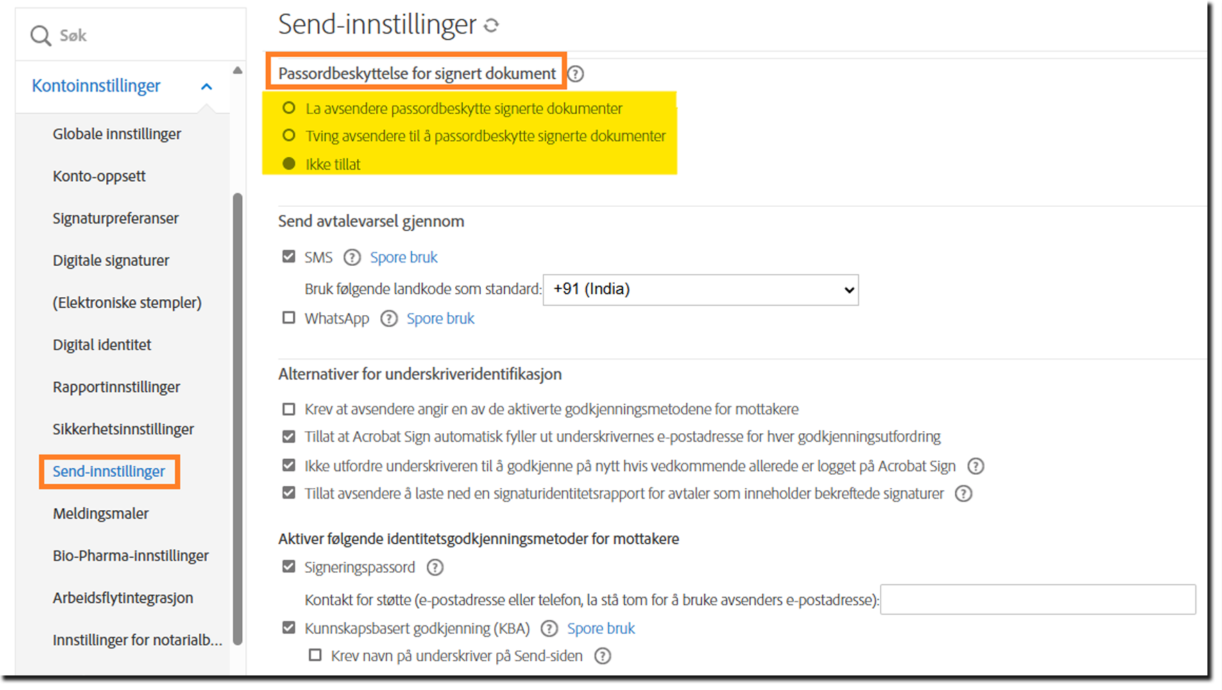 Send-innstillinger-menyen i administratorkontrollene uthever passordbeskyttelseskontrollene for det signerte dokumentet.