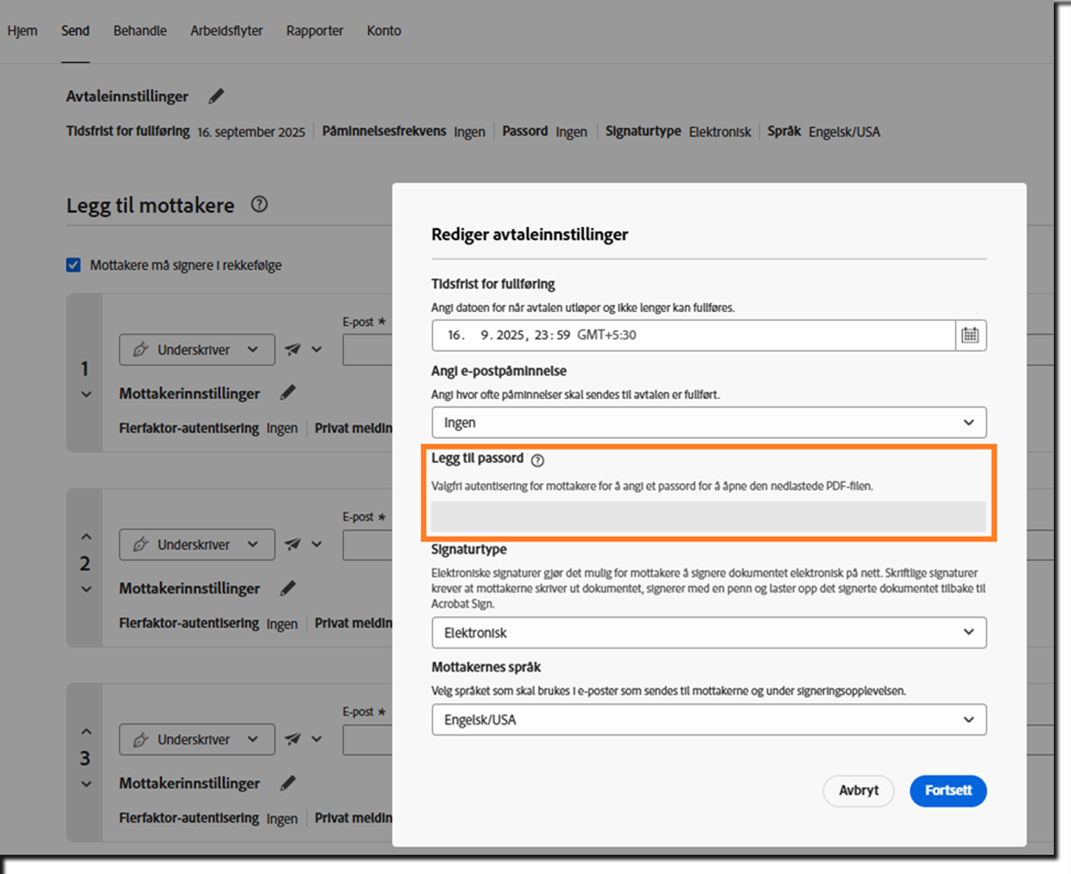 Avtaleinnstillinger-delen av avtalen uthever det låste feltet Legg til passord.
