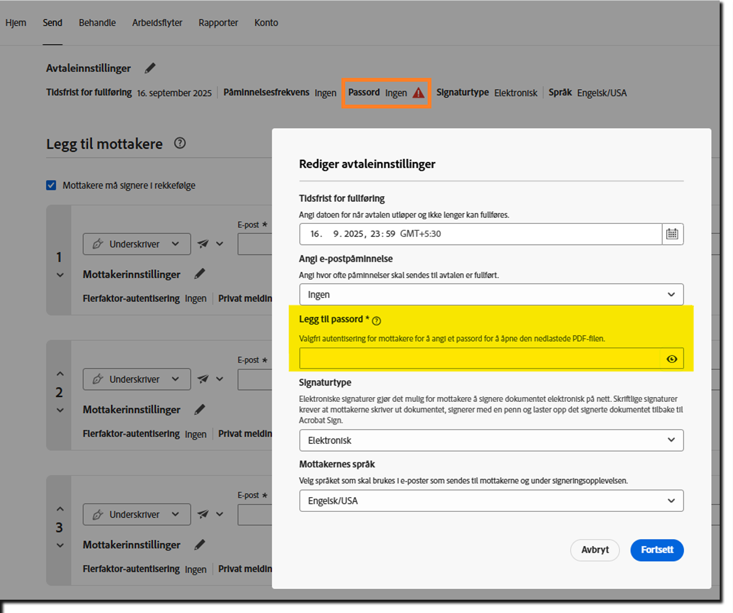 Avtaleinnstillinger-delen av avtalen med konfigurasjonsvarselet Legg til passord uthevet.