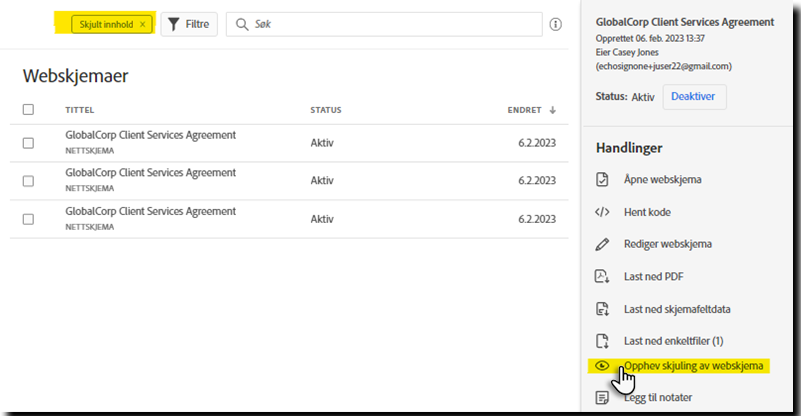 Vis handling for webskjemaet