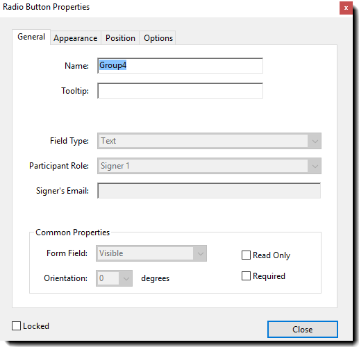Feltegenskaper for alternativknapp