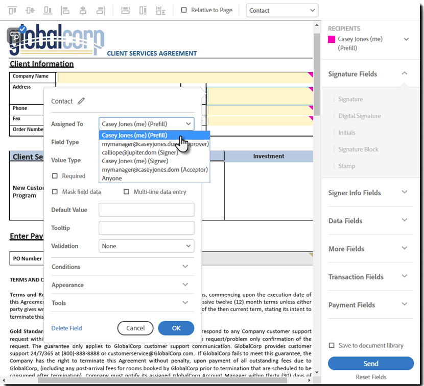 Rolle-valglisten på Felt-menyen