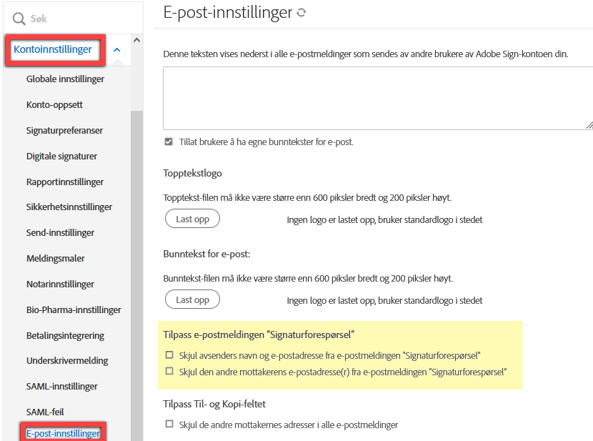 Gå til innstillingene &quot;Tilpass e-postmeldingen Signaturforespørsel&quot;