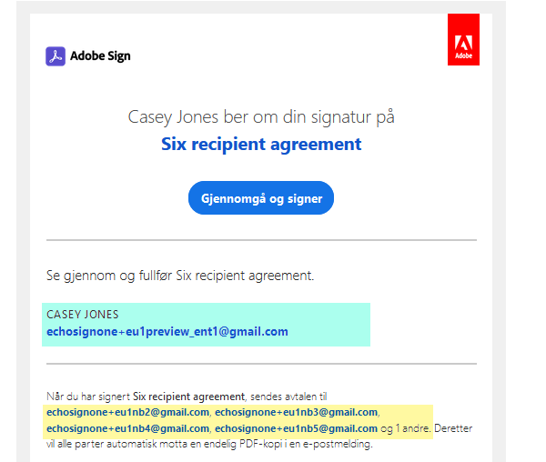 Seks e-postadresser for mottakere