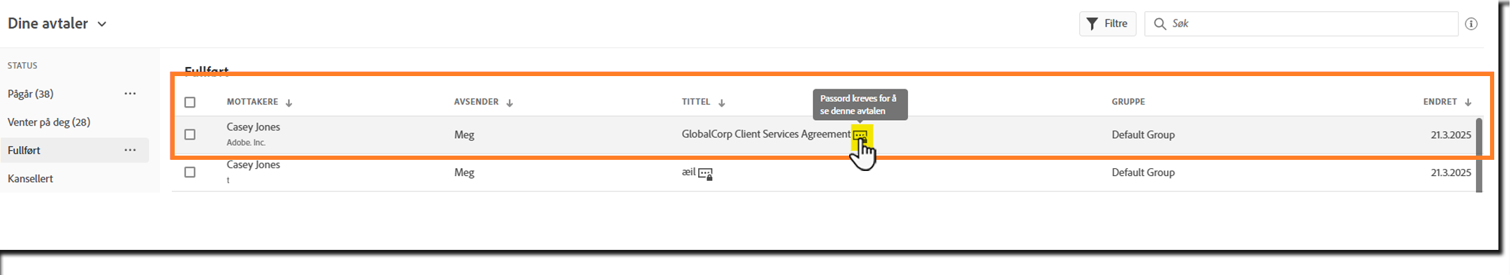 En visning av Behandle-siden med det visningsbeskyttede ikonet uthevet i en avtaleoppføring.