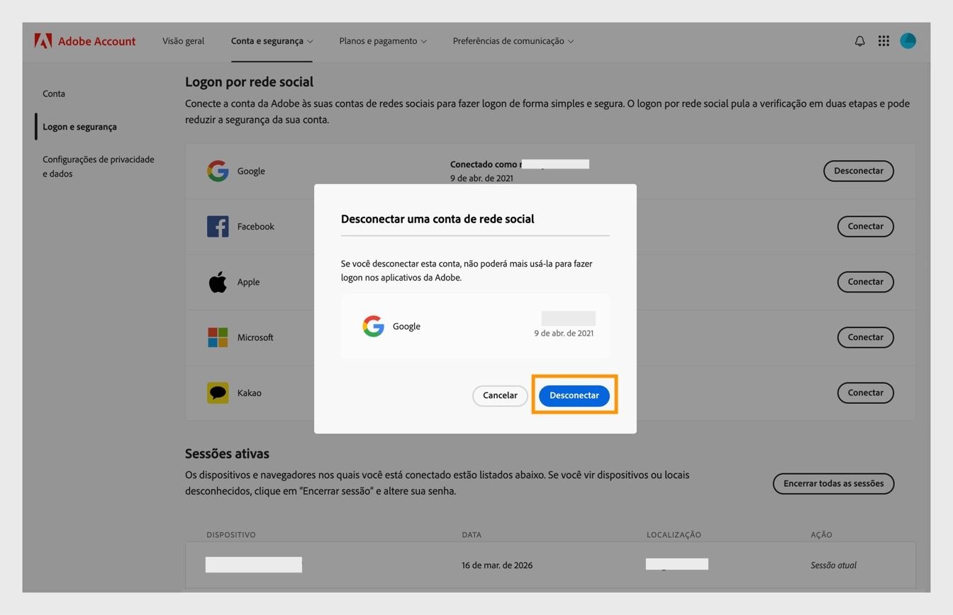 O botão Desconectar na caixa de diálogo de confirmação permite confirmar que você deseja desconectar sua conta de redes sociais da sua conta Adobe.