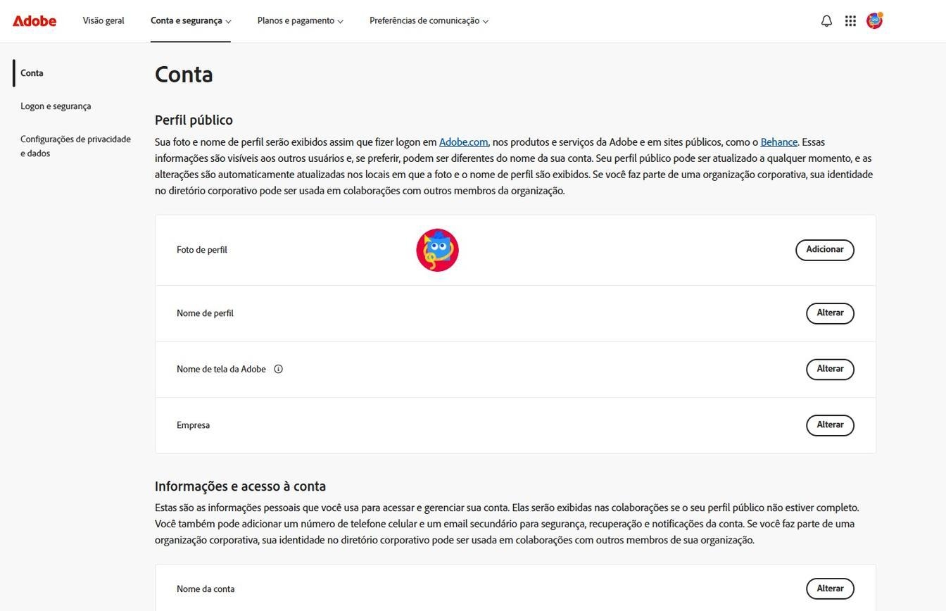 Os botões Adicionar ou Alterar, disponíveis no lado direito da tela na página Conta, permitem adicionar ou atualizar as informações da conta.