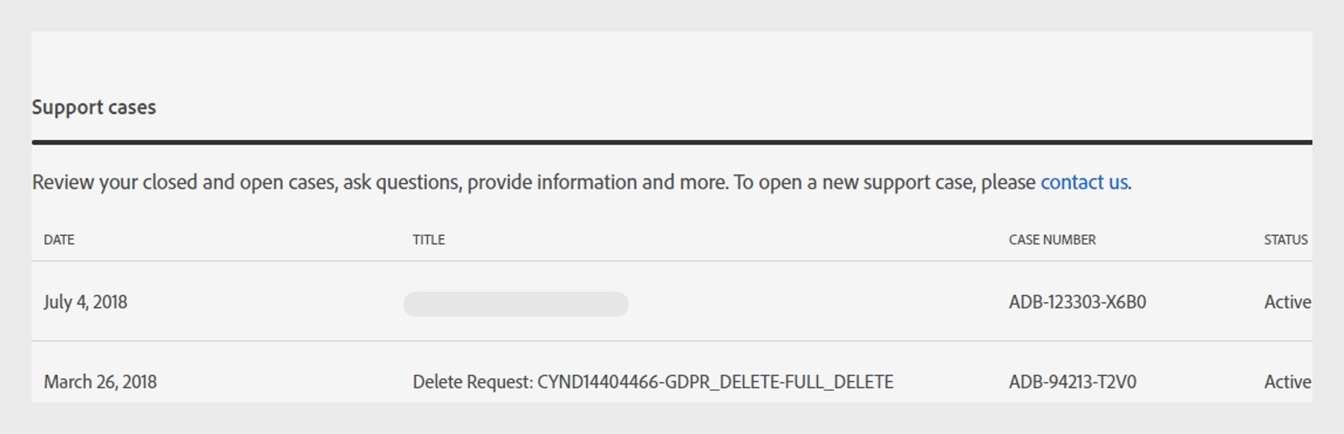 A página Histórico de suporte mostra seus casos de suporte, data de criação, título, número do caso e status.