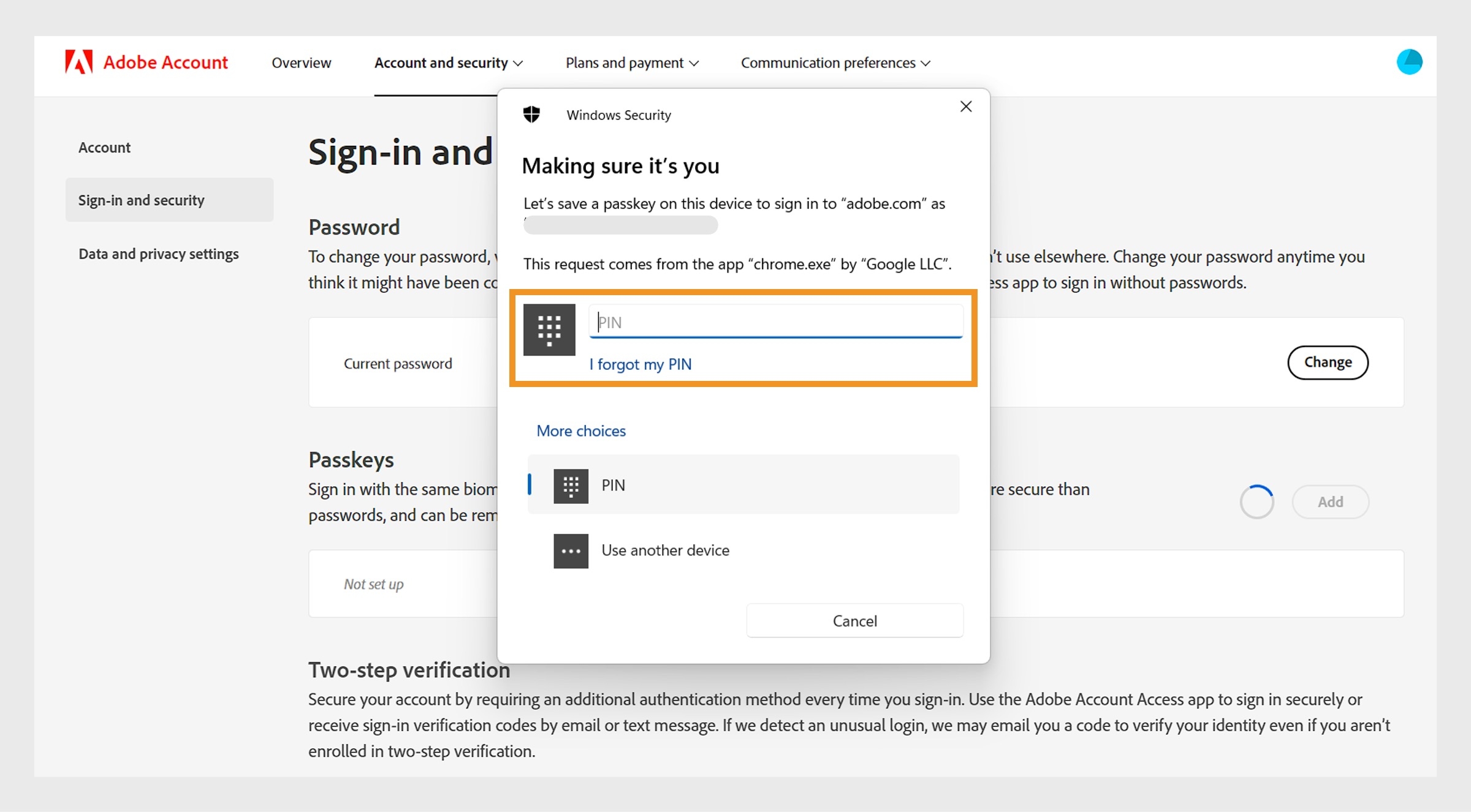 O campo para inserir o PIN do dispositivo, disponível na janela para verificar sua identidade, permite salvar sua chave de acesso usando o PIN do dispositivo e usá-la para fazer logon.