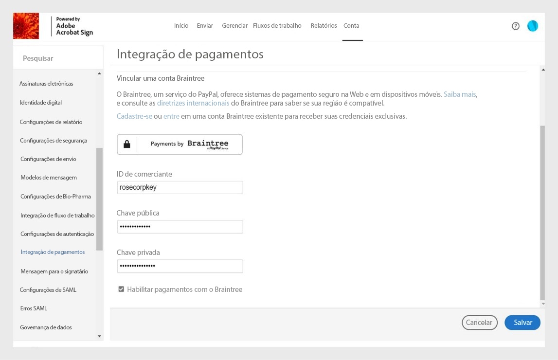 A página Integração de pagamento do Acrobat Sign mostra opções para inserir e salvar as novas informações do comerciante, a fim de atualizar a coleta de pagamentos online.
