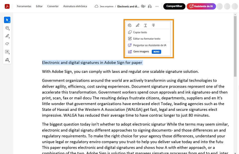 O texto selecionado mostra o menu de contexto com ferramentas para copiar, editar, formatar, destacar, riscar ou sublinhar o texto selecionado. 