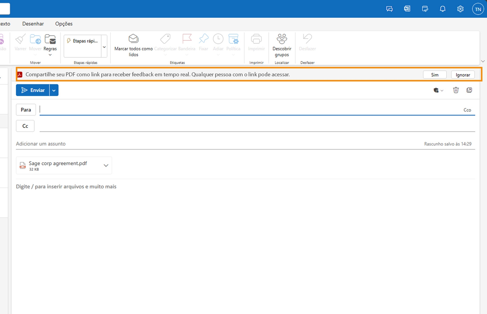 O rascunho de email do Outlook com um PDF em anexo exibe uma mensagem que pede aos usuários que compartilhem o PDF como um link.