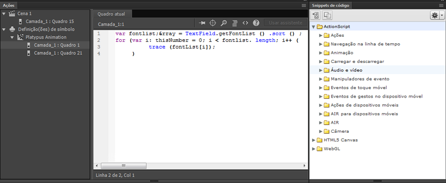 O painel Ações mostrando uma ação stop() em um quadro.