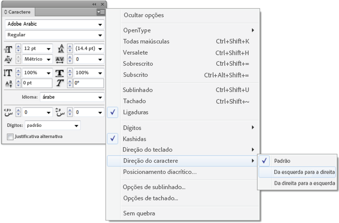 Painel Caractere do InDesign com menu mostrando as opções de Direção de caractere: Padrão, Da esquerda para a direita e Da direita para a esquerda.