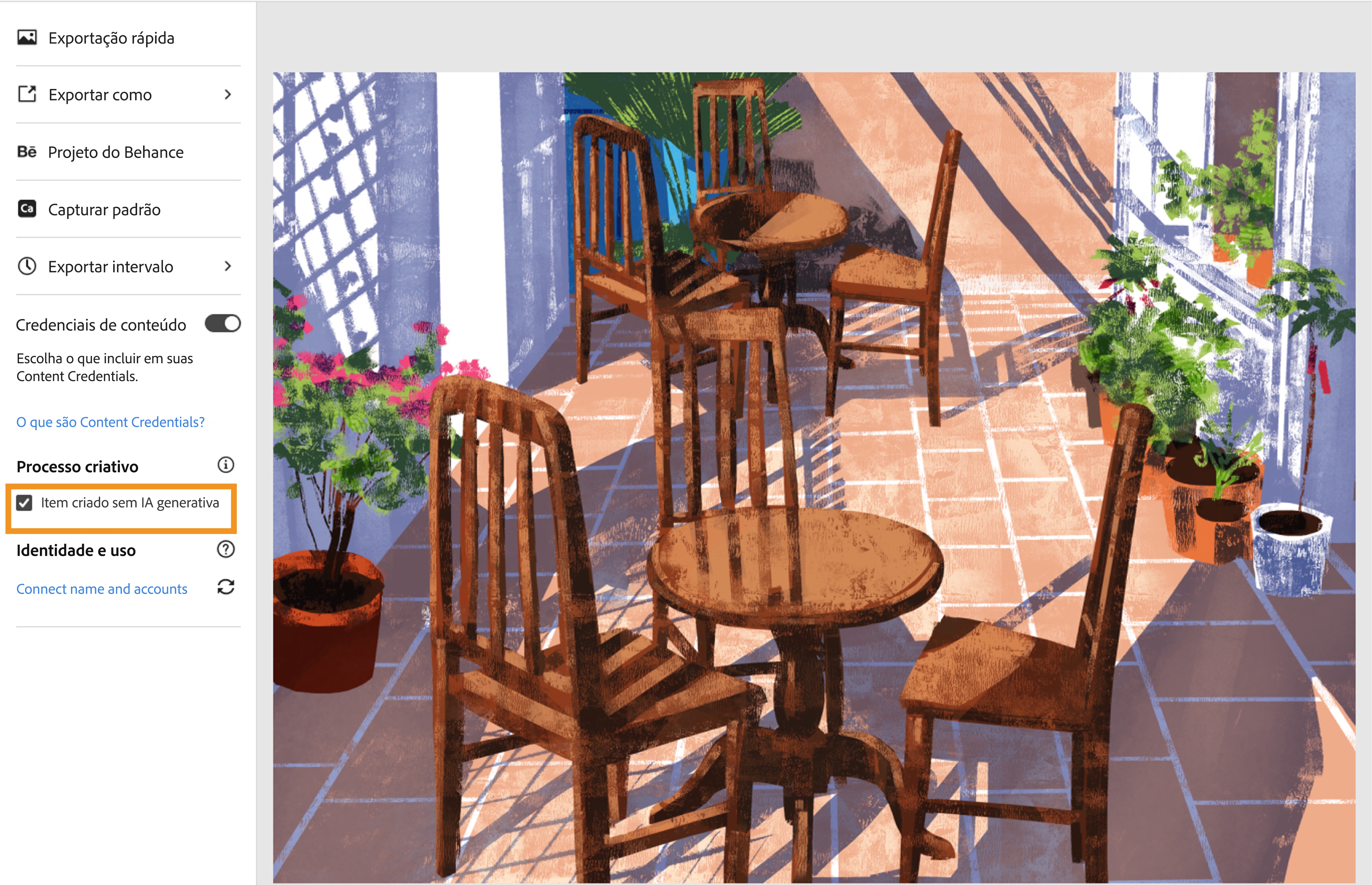 A opção Item criado sem IA generativa será marcada automaticamente se o documento estiver livre de IA generativa