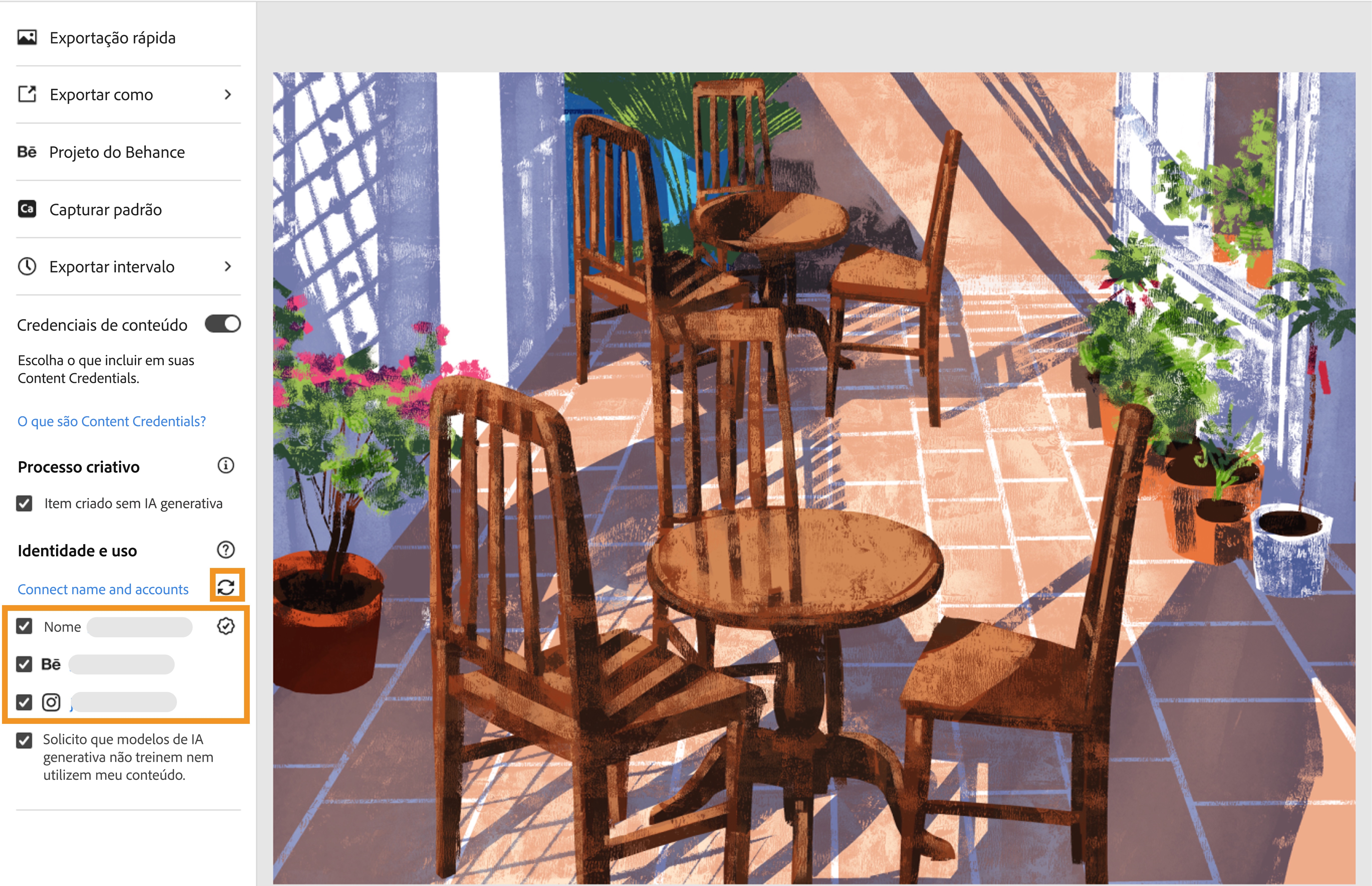 Toque no ícone de atualização na tela Exportar para buscar as contas nas redes sociais adicionadas na página Contas conectadas.