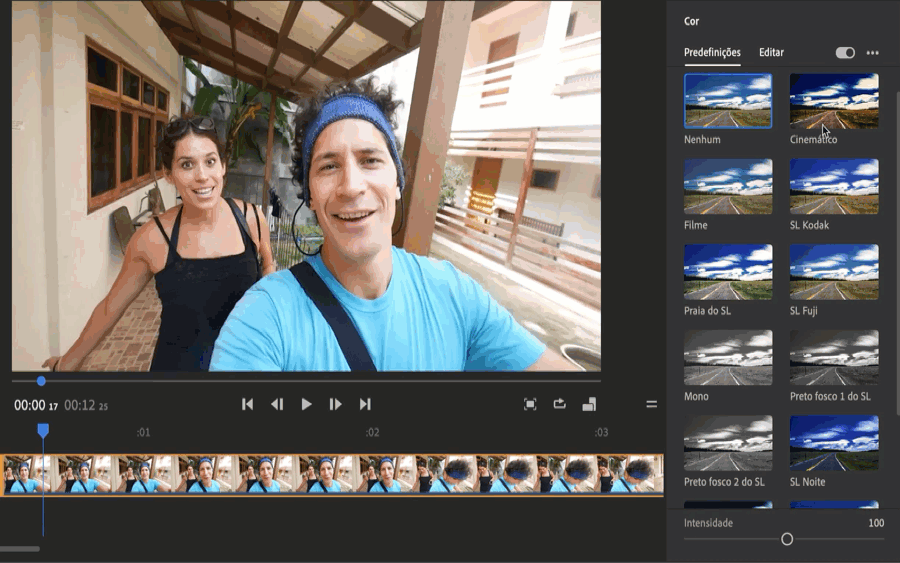 Aplicar uma predefinição de cor, ajustar a intensidade e ajustar as propriedades de cor