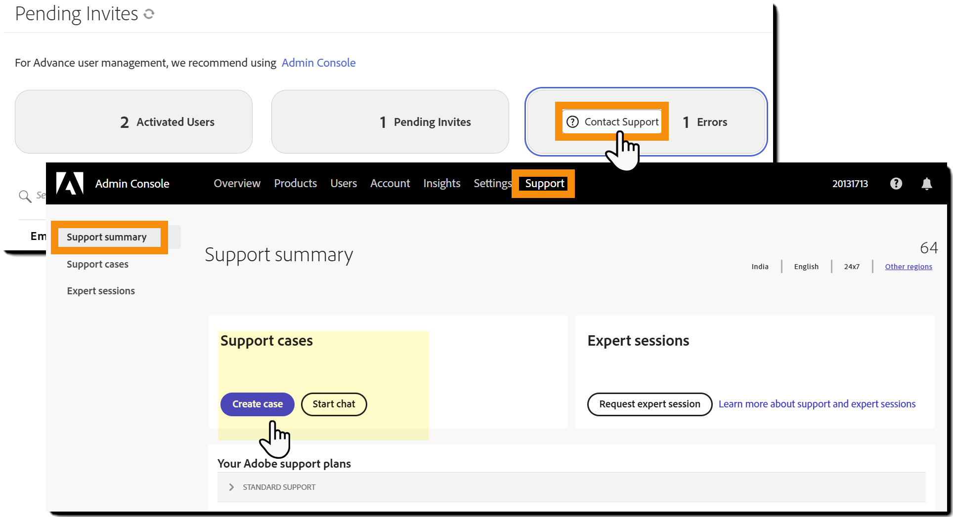 A visualização de erros, realçando o link para entrar em contato com o suporte e a página resultante do Admin Console