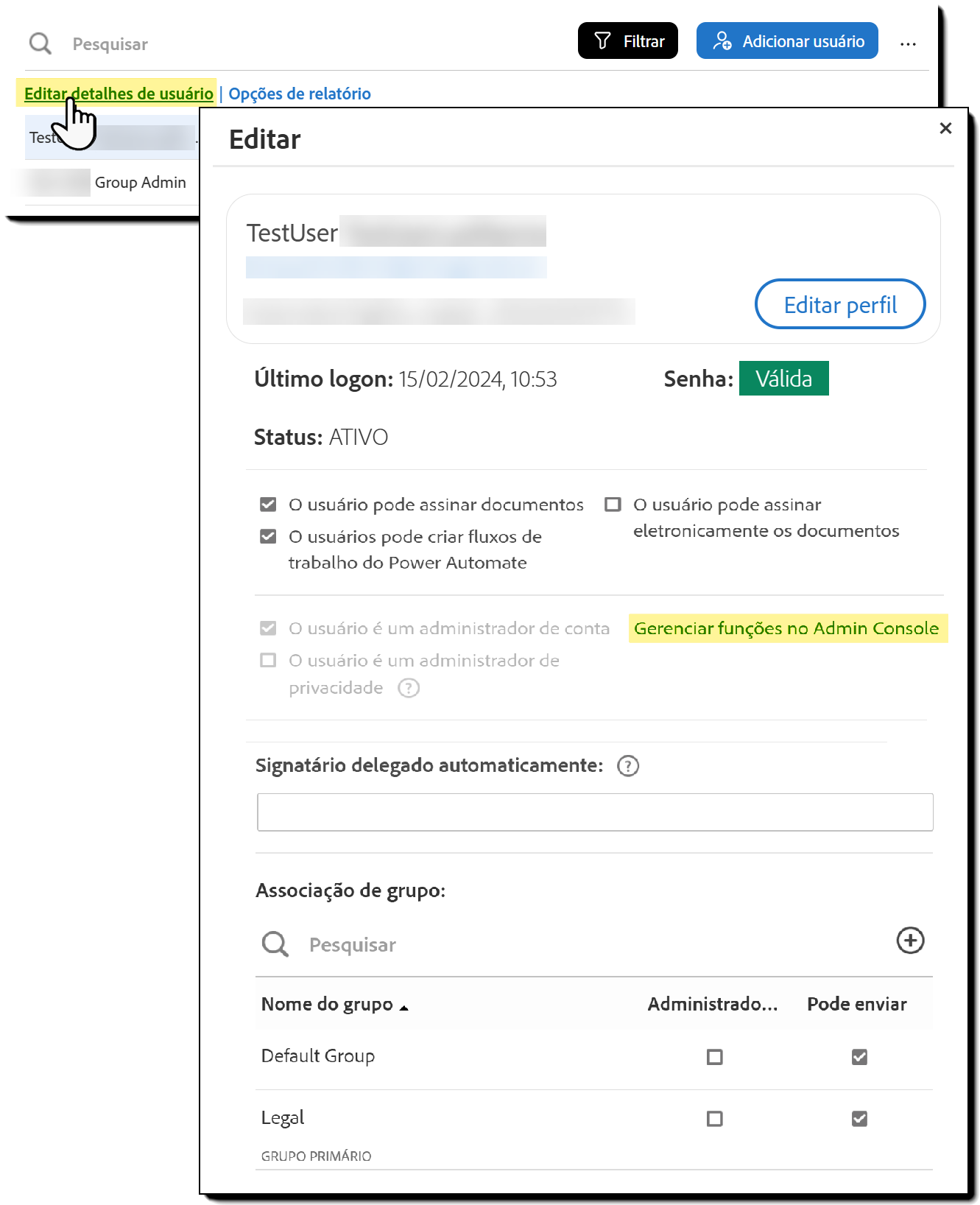 A página “Usuários”, com o link “Editar detalhes do usuário” realçado